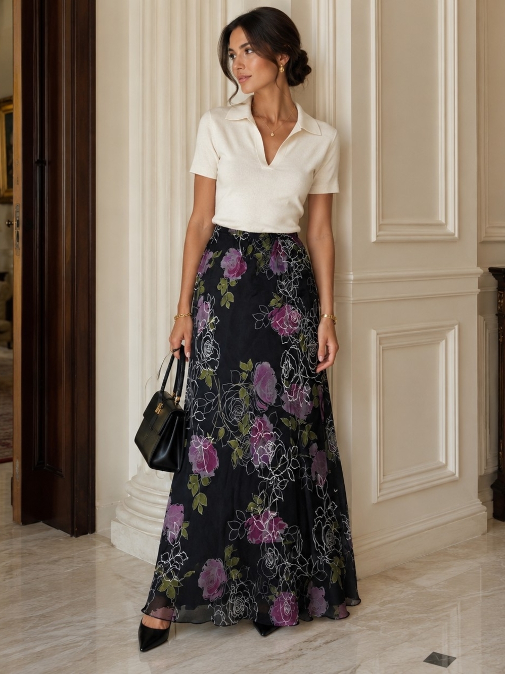 Adrianna Papell Silk Dark Floral Maxi Skirt Size 12 Black Purple Romantic Boho
